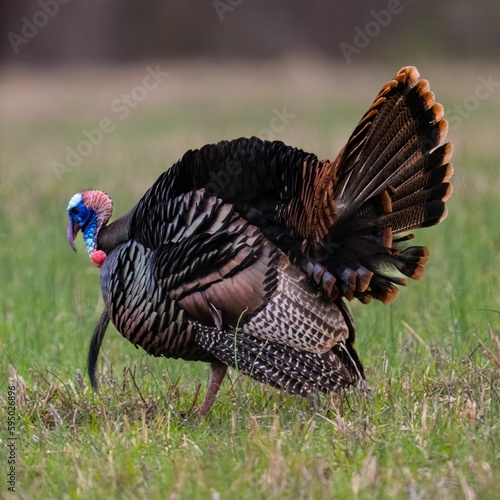 Wild turkey strolling through a beautiful and peaceful forest landscape