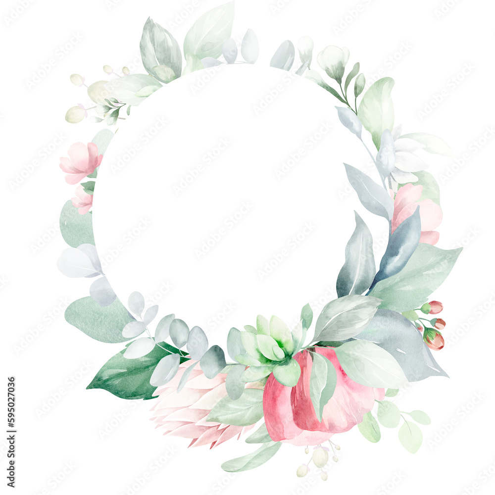 Luxury botanical wedding frame elements on white background. Set of circle shapes, wreaths of eucalyptus leaves, leaf branches. Elegant foliage design for wedding, cards, invitations, greetings.