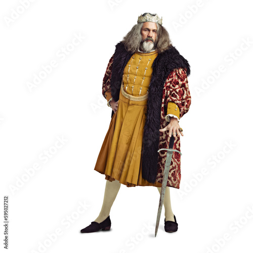 King, royalty and confident portrait of royal man with sword and leadership with luxury fashion. Victorian, vintage crown and mature male with leader costume isolated on a transparent, png background