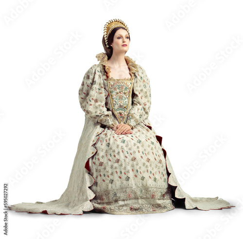 Queen, royalty and vintage fashion with a woman as monarch ruler in the renaissance. History, wealth and Victorian luxury with a female person as a leader Isolated on a transparent, png background photo