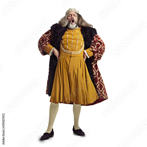 Yawn, renaissance and portrait of tired king on isolated, png and transparent background. Victorian ruler, renaissance history and sleepy senior man with crown in vintage costume for medieval leader