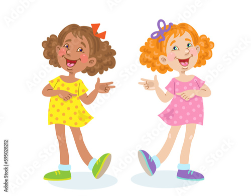 Two cheerful similar little girls of different nationalities. In cartoon style. Isolated on white background. Vector flat illustration.