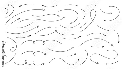 Hand drawn thin line arrows set. Vector curvy and wavy arrows isolated on white background.