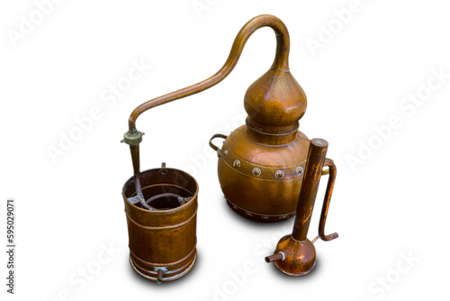 closeup medieval copper alcohol distiller isolated on white background