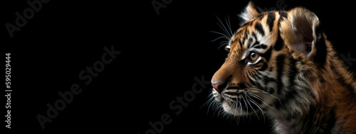 A cute little tiger baby cub. Panoramic image of the head of a predatory animal on a black isolated banner background. Generative AI.