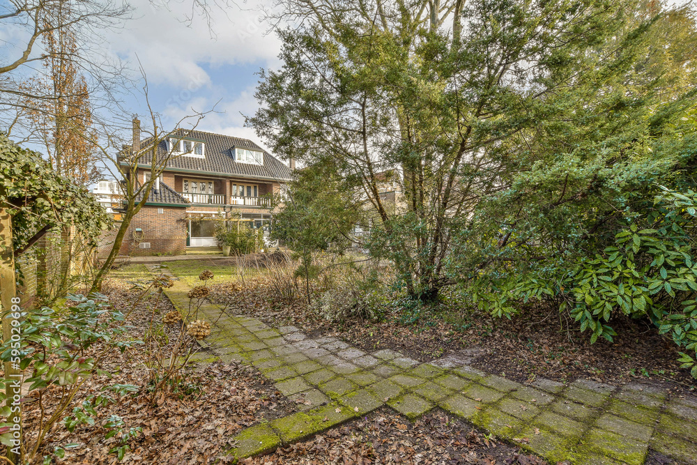 the back garden with some plants and trees in it, including an old brick path leading up to the house the back garden with some plants and trees in it, including an old brick path leading up to the house