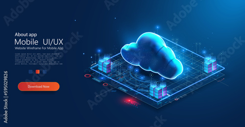 Cloud storage for downloading an isometric. A digital service or application with data transmission. Network computing technologies. Futuristic Server. Digital space. Data storage