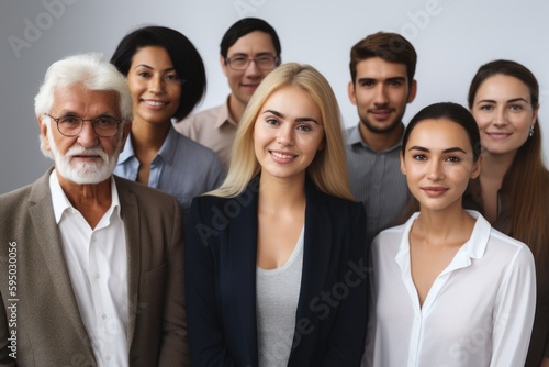 Group of multigenerational business team standing in front of camera during meeting work , Businesspeople with diverse age and ethnicity concept. Ai generated