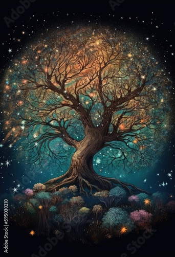 The earth tree in the starry sky Generative Ai © FineHouse