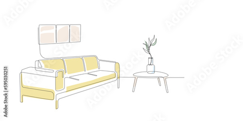 Continuous line drawing of sofa, photo frames and plant with abstract color shapes. One line interior Living room with modern furniture. Single line element Hand draw contour. Doodle illustration