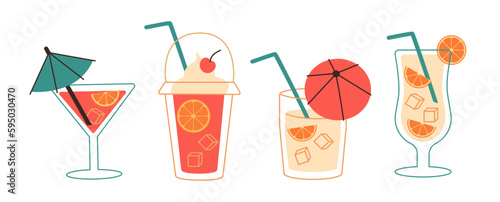 Icy pieces for drink cooling. Set of hand drawn colorful cocktails. Popular drinks in different types of glasses.