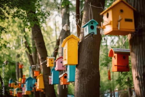 Fotografiet brightly colored feeders hanging from birdhouses among the trees, created with g