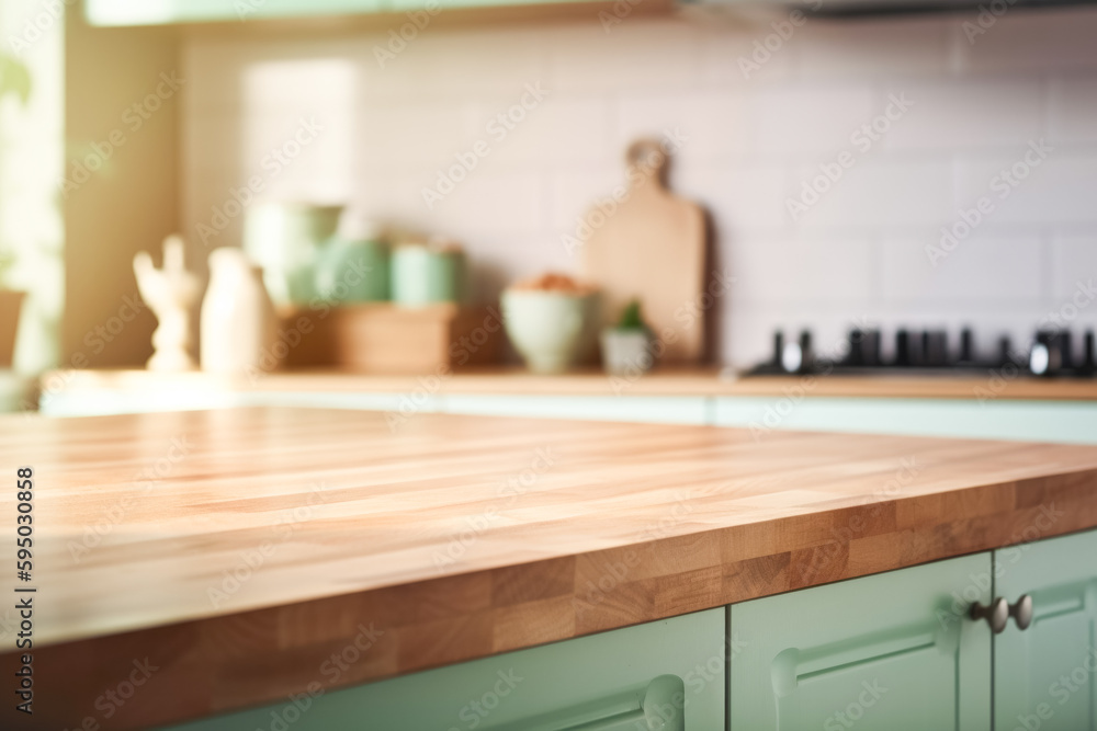 Obraz na płótnie Wooden empty countertop in modern light green kitchen, kitchen panel in interior. Template showcase scene for advertising products w salonie