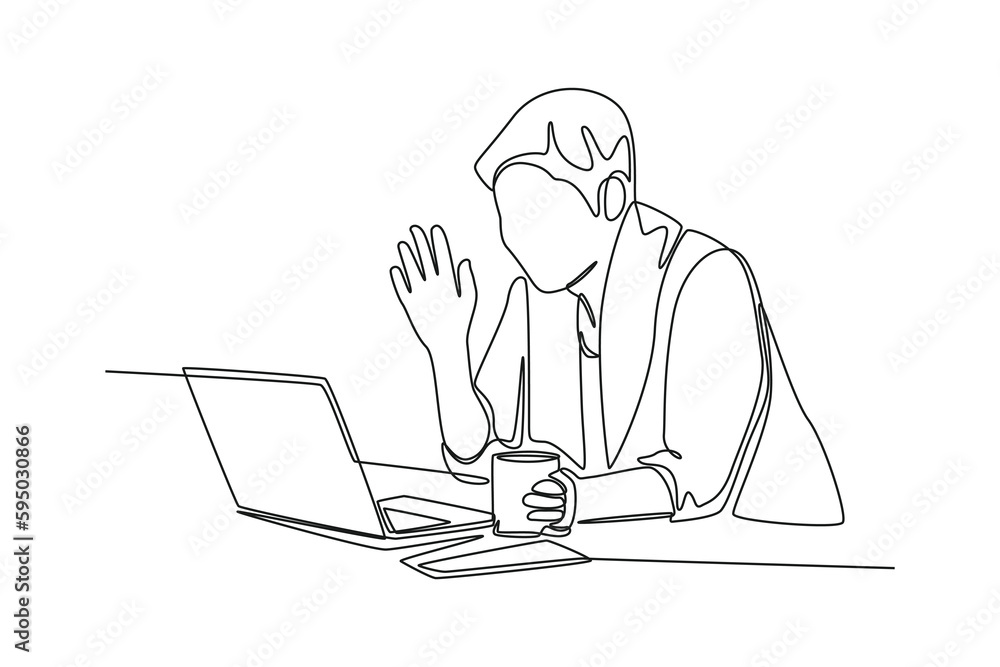 Single one line drawing happy people calling video on laptop. Social media concept. Continuous line draw design graphic vector illustration. Single one line drawing happy people calling video on laptop. Social media concept. Continuous line draw design graphic vector illustration.