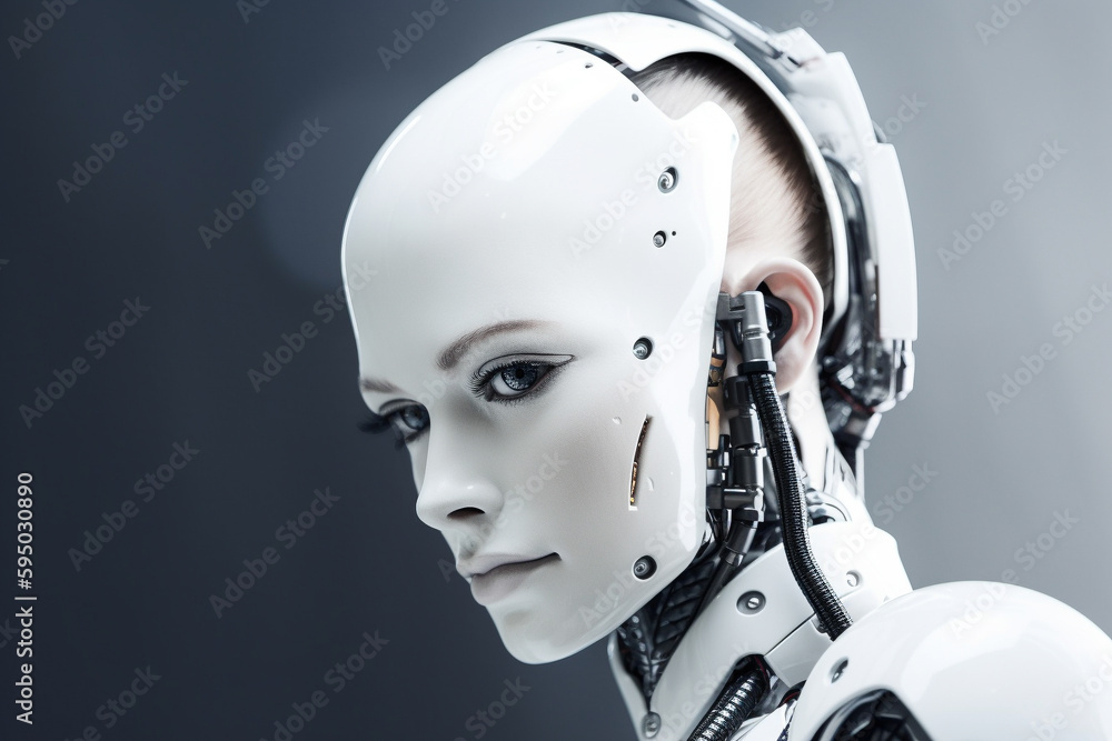 Beautiful woman robot, studio portrait with clean background. Generative AI Beautiful woman robot, studio portrait with clean background. Generative AI
