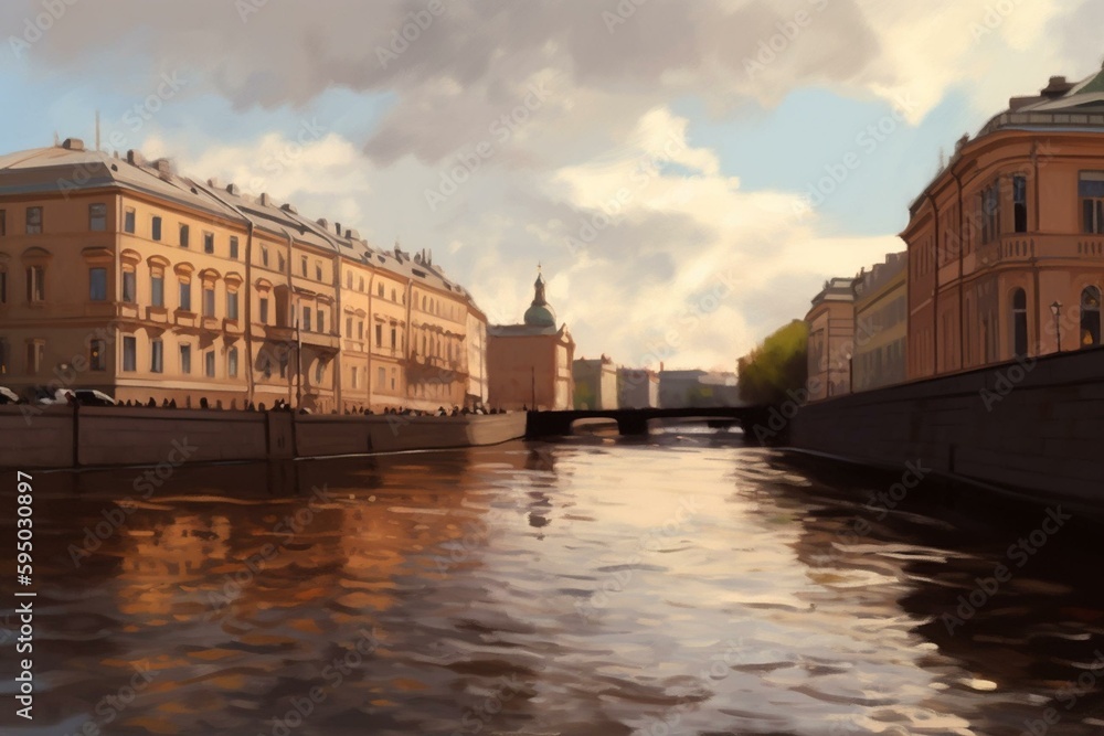 Imitation of a picture. Oil paint. Illustration. Kronverksky channel. Saint Petersburg. Generative AI