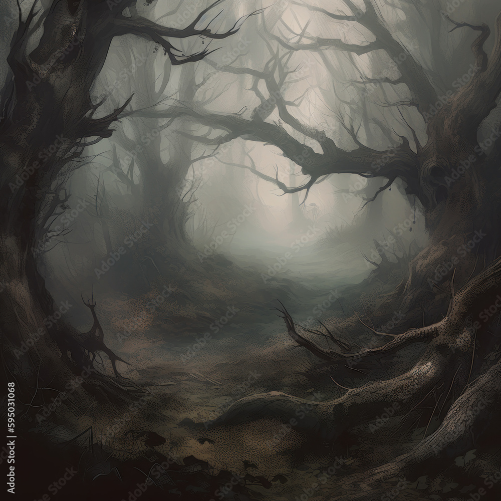 An ominous forest shrouded in thick fog twisted, Generative AI