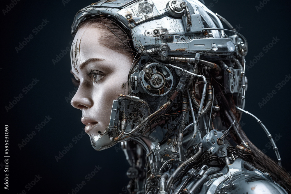 Fototapeta premium Beautiful young woman robot made of sateel, studio portrait, isolated on black background. Generative AI