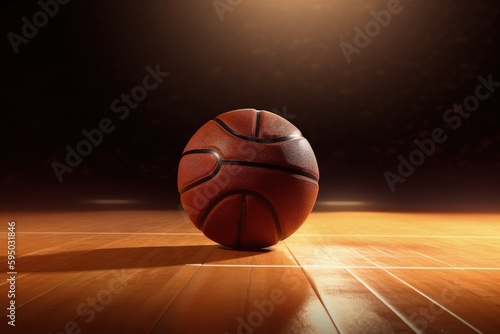 Basketball Spotlight: Ball on a Wooden Court with Bright Illumination. Generative AI