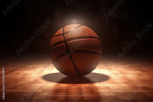 Basketball Spotlight: Ball on a Wooden Court with Bright Illumination. Generative AI © Ilugram