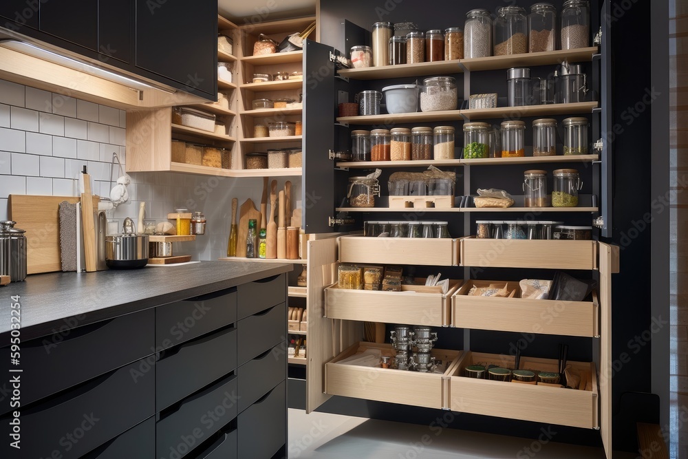 a tidy kitchen with storage solutions for cooking essentials and spices, created with generative ai - obrazy, fototapety, plakaty 