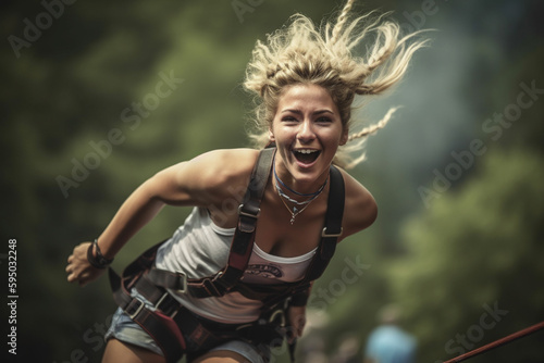 Beautiful young woman bungee jumping and having a lot of fun. Generative AI