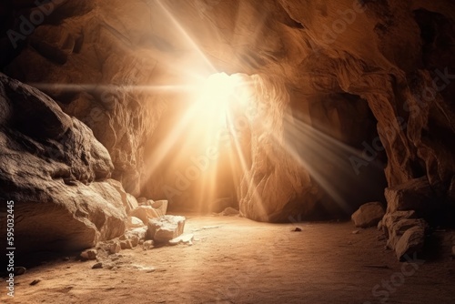 Discovering Serenity: Sunlight Shining Through the Entrance of an Empty Cave. Generative AI