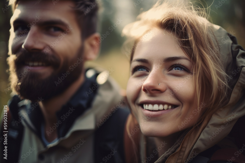 Young couple outdoors hiking. Generative AI Young couple outdoors hiking. Generative AI