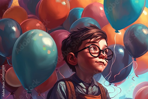 Child's Delight: Little Boy Searching for Balloons in School. Generative AI
