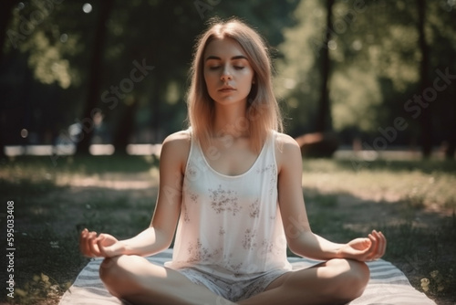 Beautiful young woman doing yoga outdoors. Generative AI