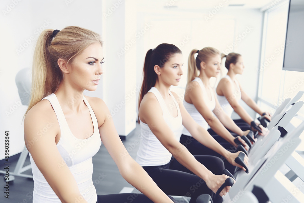 A group of beautiful young athletic women working out in a gym. Generative AI