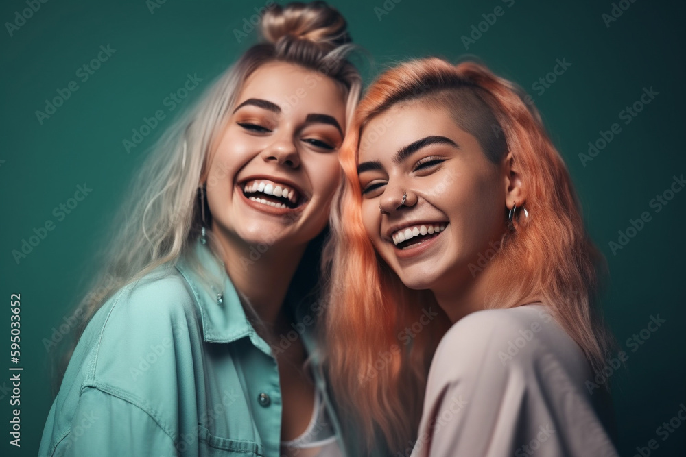 Beautiful girls best friends laughing in a studio. Generative AI Beautiful girls best friends laughing in a studio. Generative AI