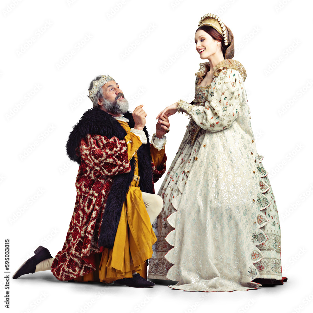 Crown, king and queen in costume with marriage proposal, theatre couple in love in medieval performance art. History, man on knee and woman in renaissance act isolated on transparent, png background.