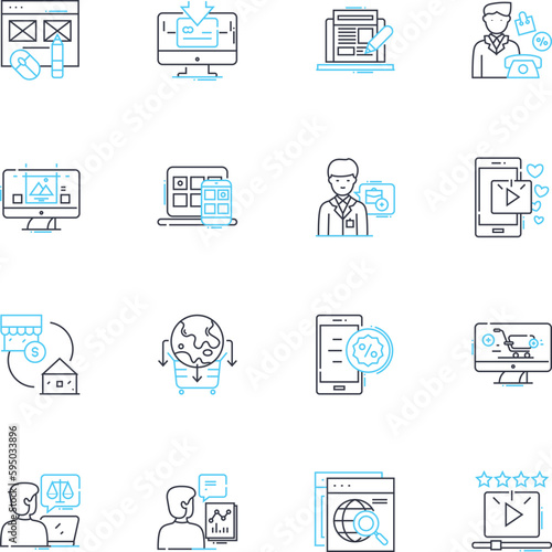 Purchase online linear icons set. Shopify, E-commerce, Checkout, Amazon, Payment, Shipping, PayPal line vector and concept signs. Cart,Digital,Discounts outline illustrations