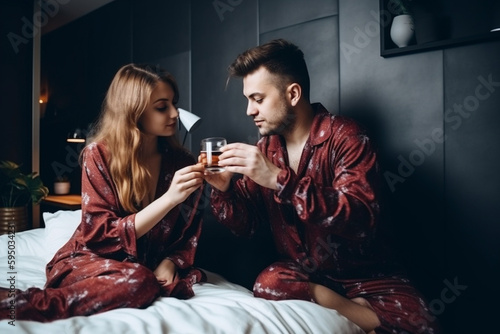 Young couple in pajamas drinking coffee in bed. Generative AI