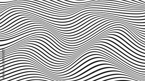 Wave of optical illusion. Abstract black and white illustrations. Horizontal lines stripes pattern or background with wavy distortion effect. © lesikvit