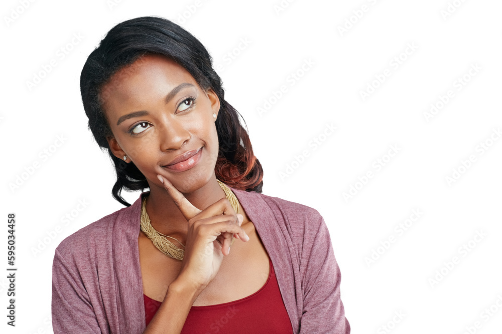 Thinking, black woman and vision for planning, creative and empowerment. Ideas, African female person and contemplation by fashion designer brainstorming isolated on a transparent, png background Thinking, black woman and vision for planning, creative and empowerment. Ideas, African female person and contemplation by fashion designer brainstorming isolated on a transparent, png background