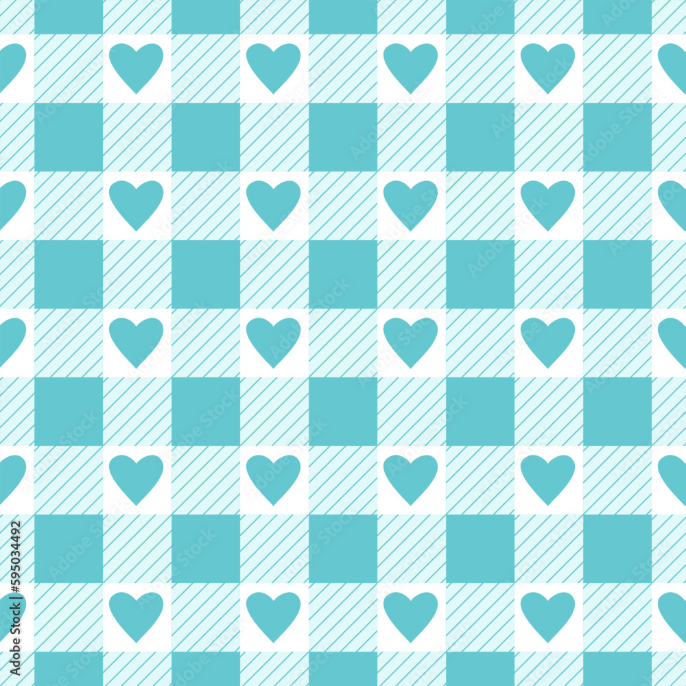 Vector seamless pattern with gingham check and hearts in blue and white colours for Valentines day Vector seamless pattern with gingham check and hearts in blue and white colours for Valentines day