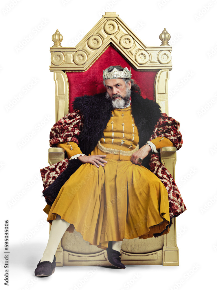 King, royalty and throne portrait of a Renaissance person face with wealth, power and luxury. Ruler, vintage fashion and mature male monarch in history isolated on a transparent, png background