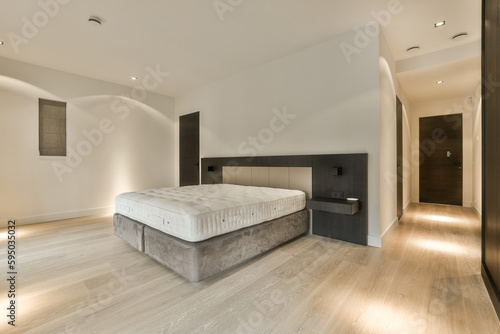 a bedroom with wood flooring and white walls  along with a large bed in the room is illuminated by recessed lights