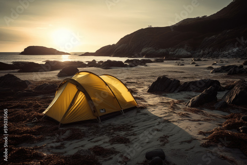 Tent on a beach outside of a mountain at sundown generative ai