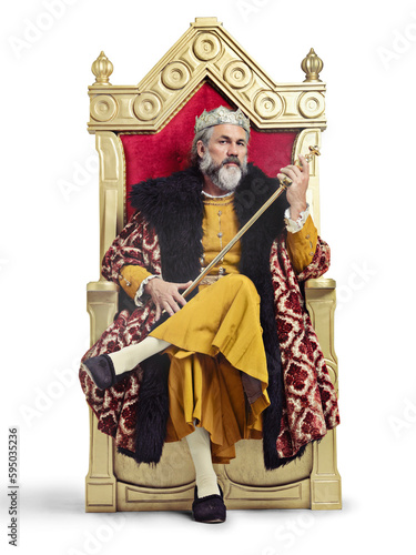 Foto Old man, king and portrait for sitting on throne for theater production with sword by png background