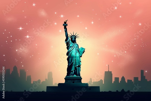 Independence Day greeting card or banner design with the Statue of Liberty  fireworks decoration  Copy space. AI generative