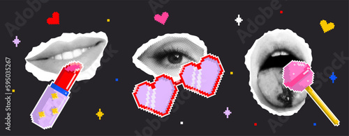 Woman mouth and eye retro halftone collage elements for mixed media design. Mouth with bleeding tongue pixeled lolli pop, pixeled glasses and lipstick. Dotted pop style. Vector grunge punk crazy