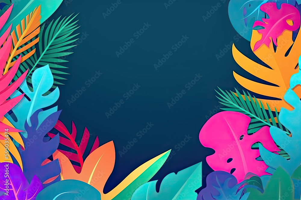 tropical background with many leaves of various colors and blue background. Copy space. Ai generative