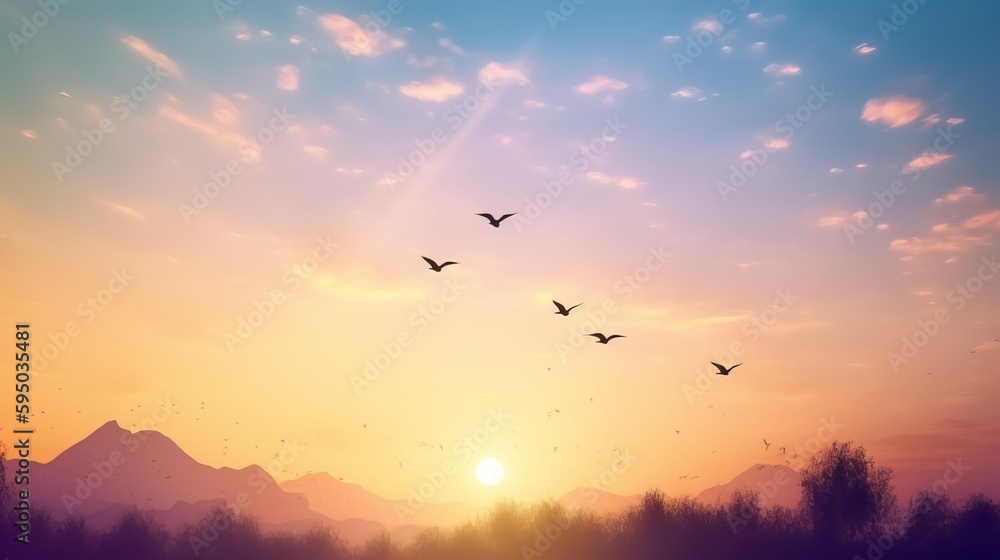 Obraz premium Beautiful Peaceful Spring Morning Sky with Birds