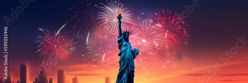 Independence Day greeting card or banner design with the Statue of Liberty, fireworks decoration; Copy space. AI generative