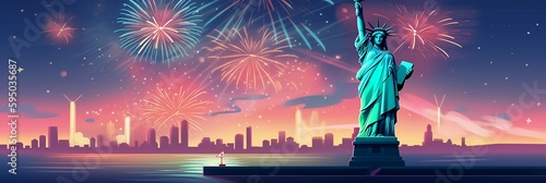 Independence Day greeting card or banner design with the Statue of Liberty, fireworks decoration; Copy space. AI generative