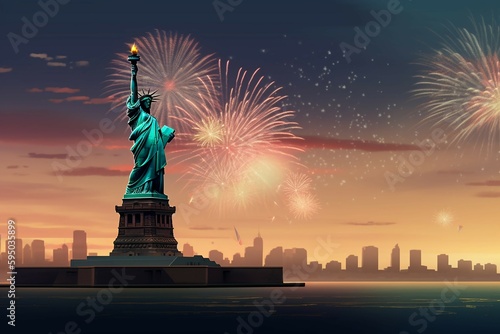 Independence Day greeting card or banner design with the Statue of Liberty, fireworks decoration  Copy space. AI generative © SANGHYUN