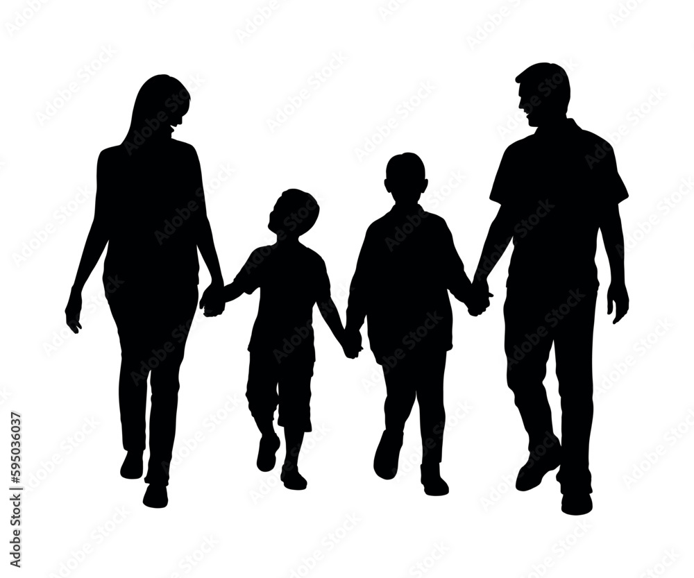 Silhouette Of Happy Family Holding Hands Walking Together. Stock Vector 